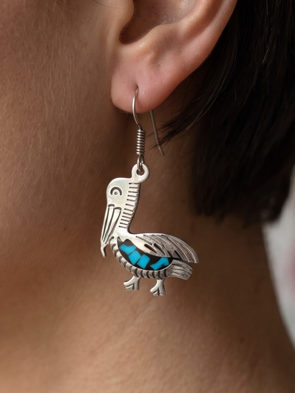 Vintage Mexican Sterling Silver Turquoise Pelican Earrings Bohemian Coastal